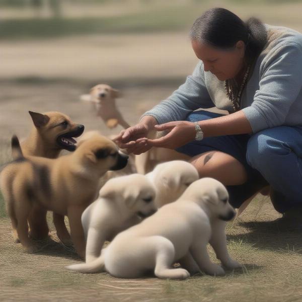 Native American Indian Dog breeder interacting with puppies