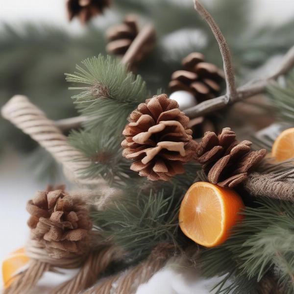 Natural Christmas tree decorations for dogs, featuring pine cones, cinnamon sticks, and dried orange slices.