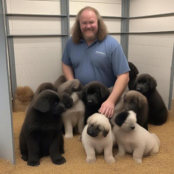 Newfoundland dog breeder with a litter of puppies