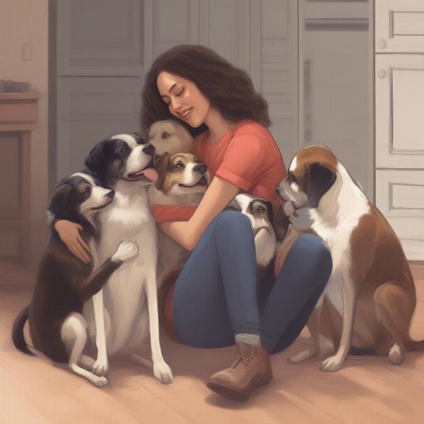 A woman hugging three dogs