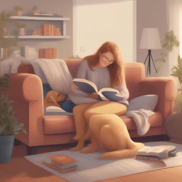 Woman hugging dog and reading a book