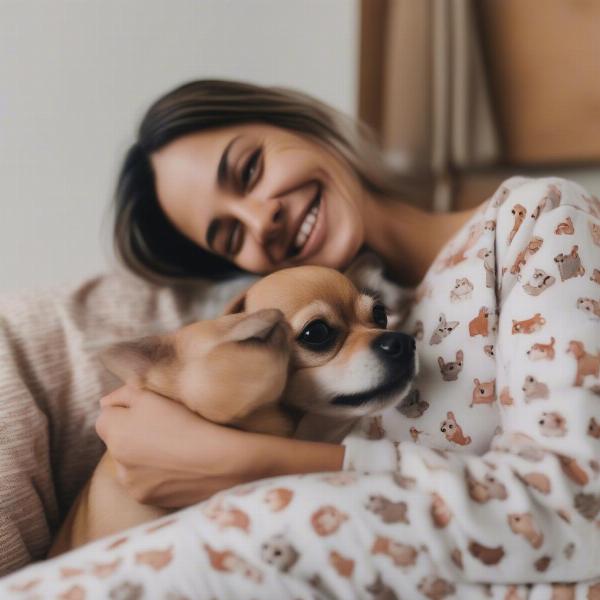 Person and dog wearing matching dog face pajamas