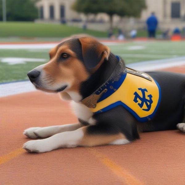 Measuring a dog for a Notre Dame jersey