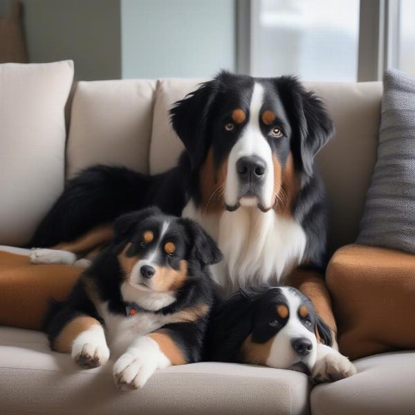 Two dogs cuddling on a sofa