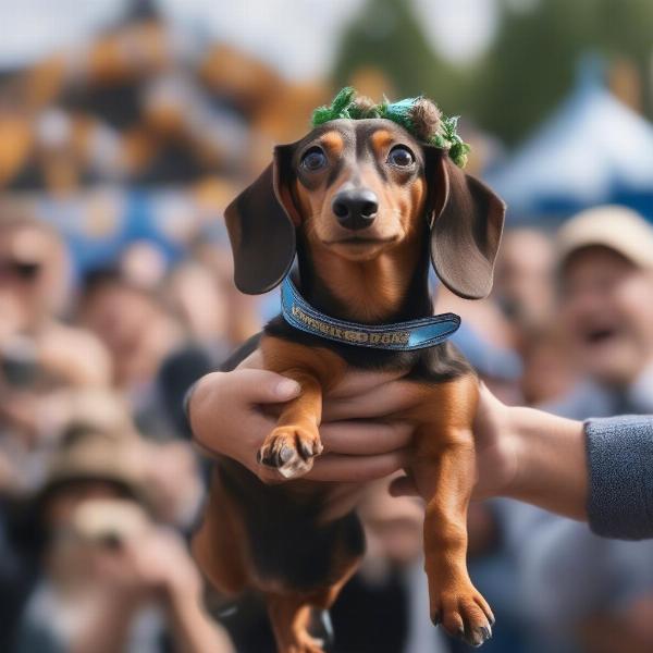 A dachshund being celebrated after winning an Oktoberfest wiener dog race