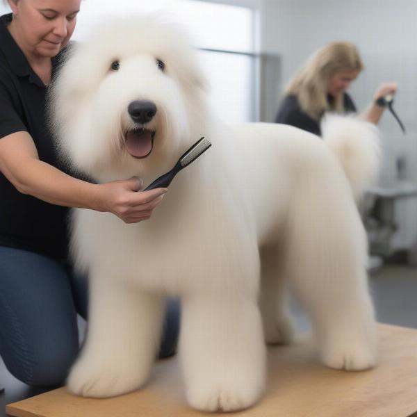 An Old English Sheepdog being groomed by a professional groomer