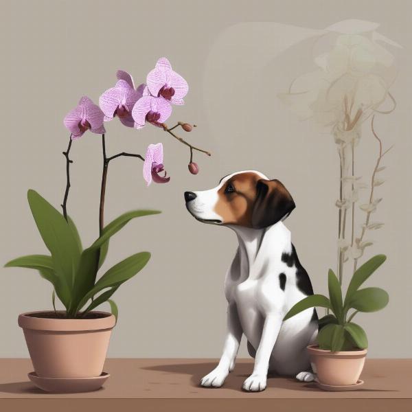 Dog interacting with an orchid