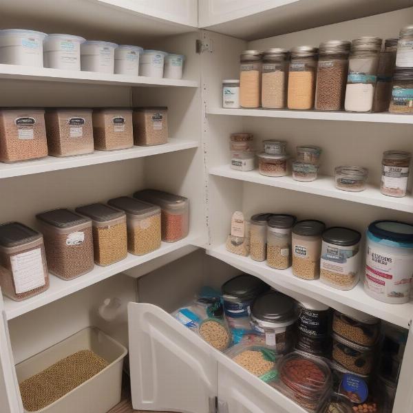 An organized pet pantry with proper dog food storage containers