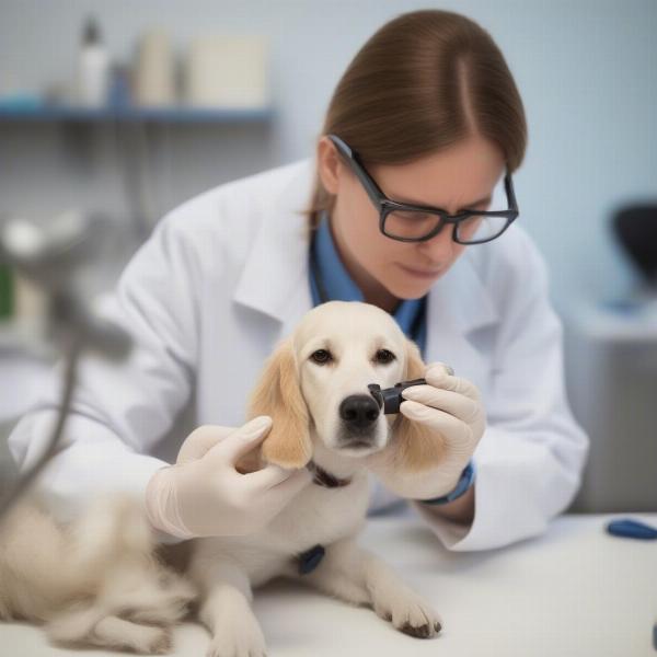 Veterinarian examining a dog's ear with an otoscope