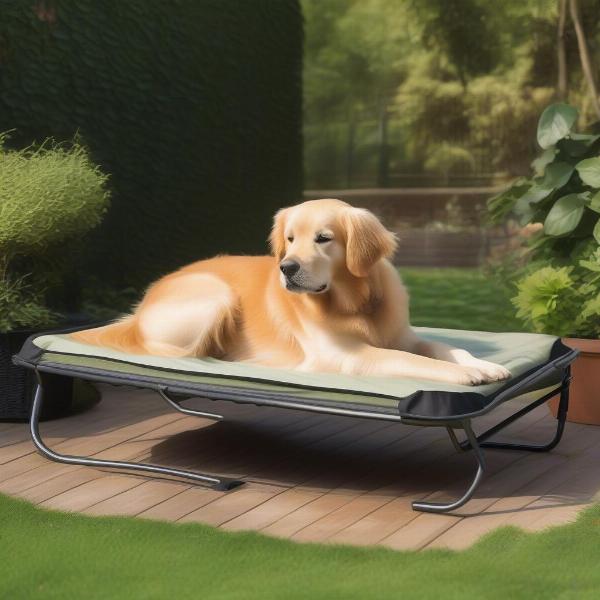 Dog relaxing on an elevated cot in the summer heat.