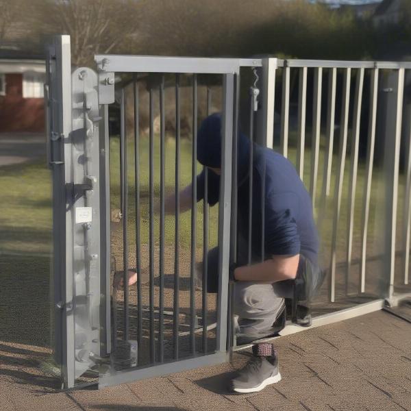 Dog owner inspecting their heavy-duty dog gate for signs of wear and tear.