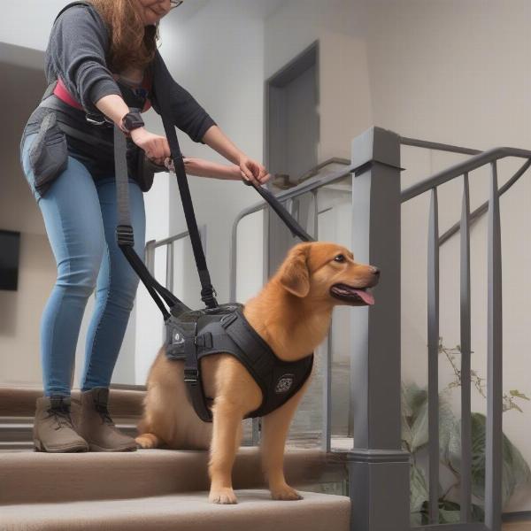 Dog owner properly using a dog lifter harness to help their dog up stairs