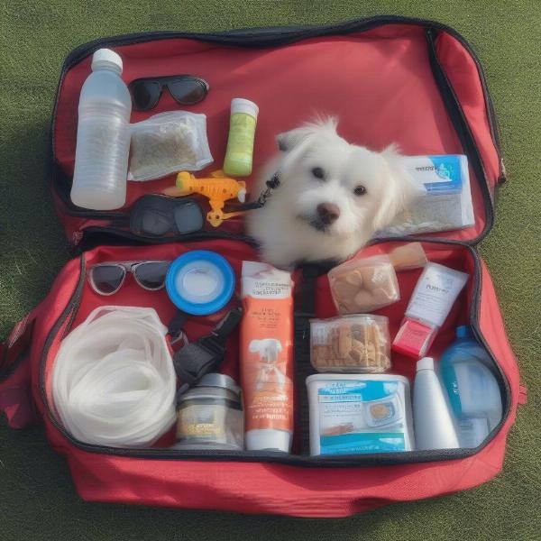 Dog travel essentials neatly packed in a bag, including food, water bowl, leash, toys and first aid kit.