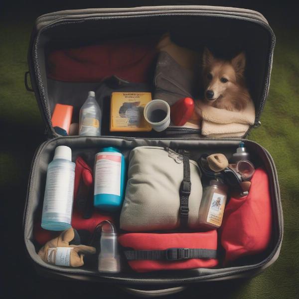 Dog travel bag with essentials for a tree house trip