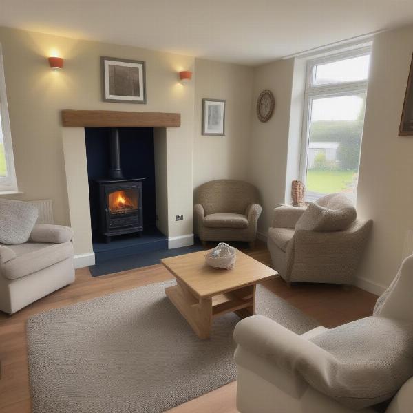 Dog-friendly cottage living room in Paignton with comfortable seating and a dog bed