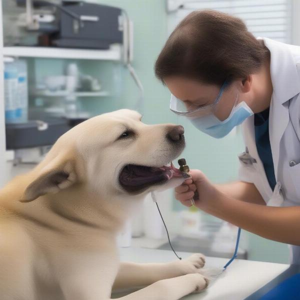 Veterinarian treating a dog with paraphimosis