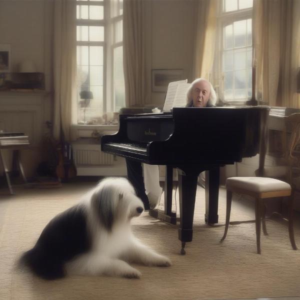 Paul McCartney playing the piano while Martha sits nearby.