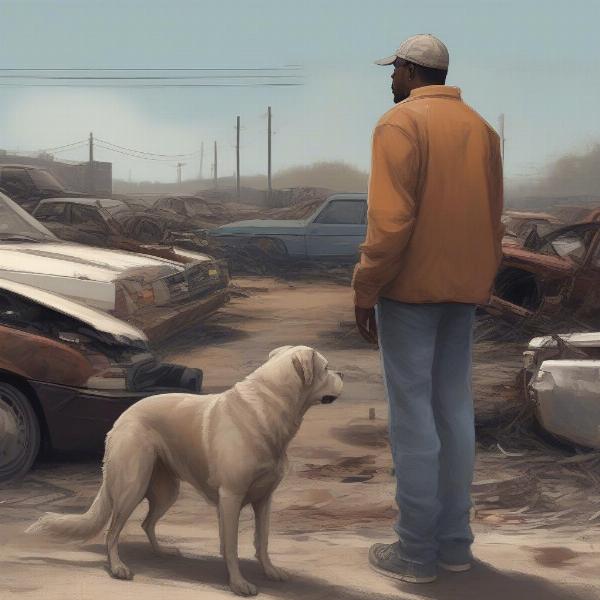 A person safely observing a junkyard dog from a distance.