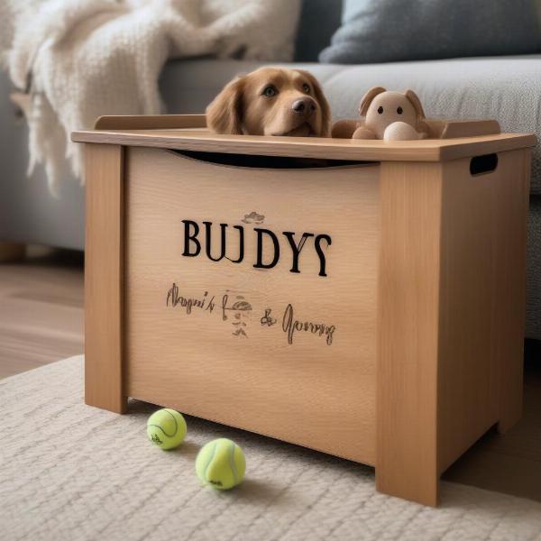 Personalised dog toy box with the dog's name engraved on it.