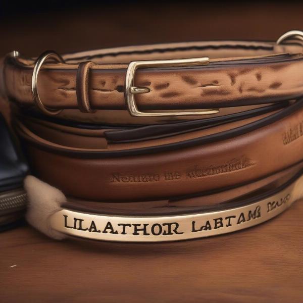 Engraved nameplate on a leather dog collar