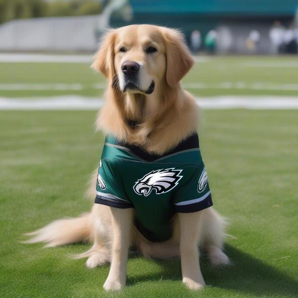 Philadelphia Eagles dog jersey - A golden retriever proudly wearing a Philadelphia Eagles jersey.