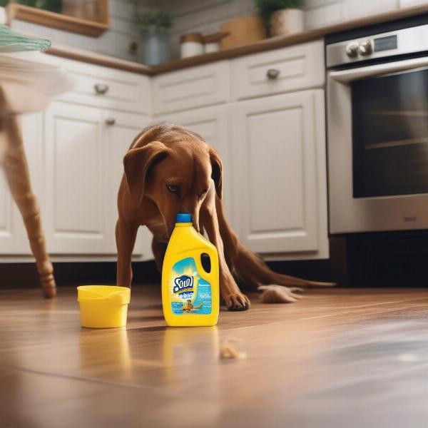 Dog near a Pine-Sol bottle