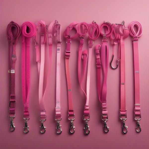 Various pink dog leashes - different materials, lengths, and styles.