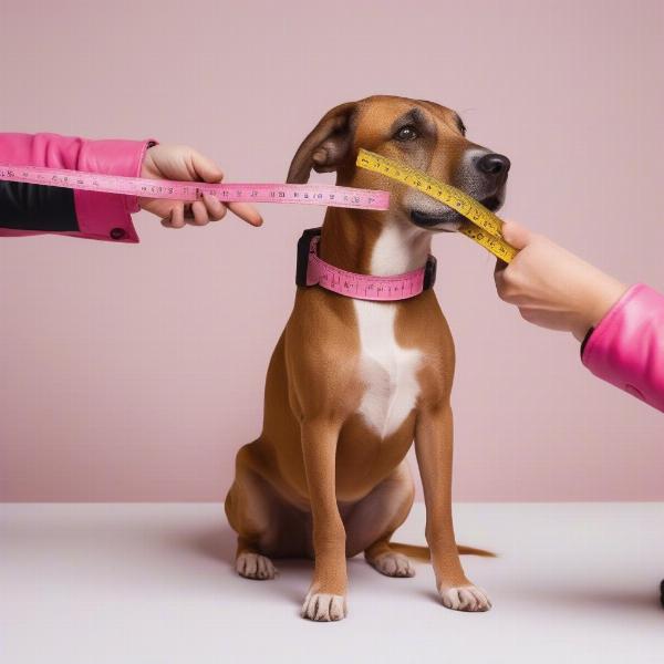 Measuring a dog for a pink leather collar