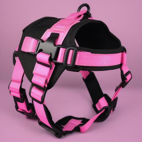 Close-up of a pink tactical dog harness showing its durable material and adjustable straps