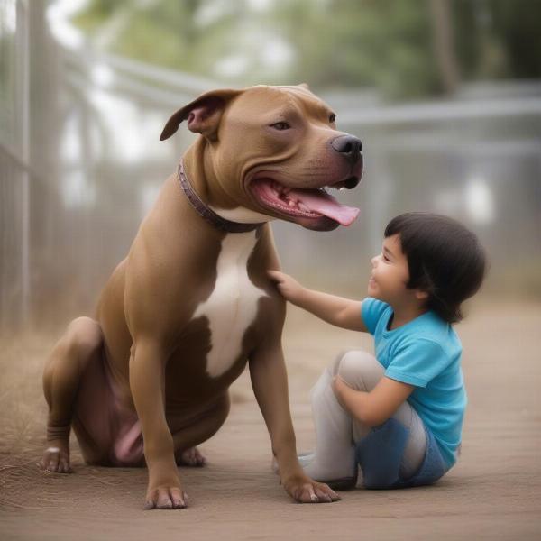 Pit bull playing gently with a child