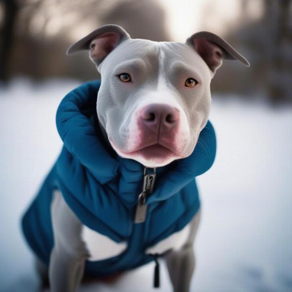 Pitbull wearing a winter coat