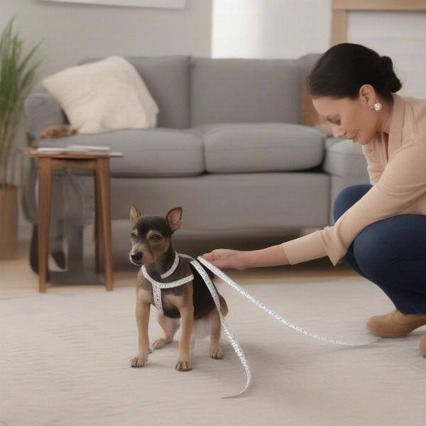 Measuring a dog for plaid pajamas