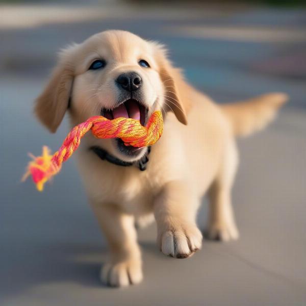 Dog playfully barking with a toy