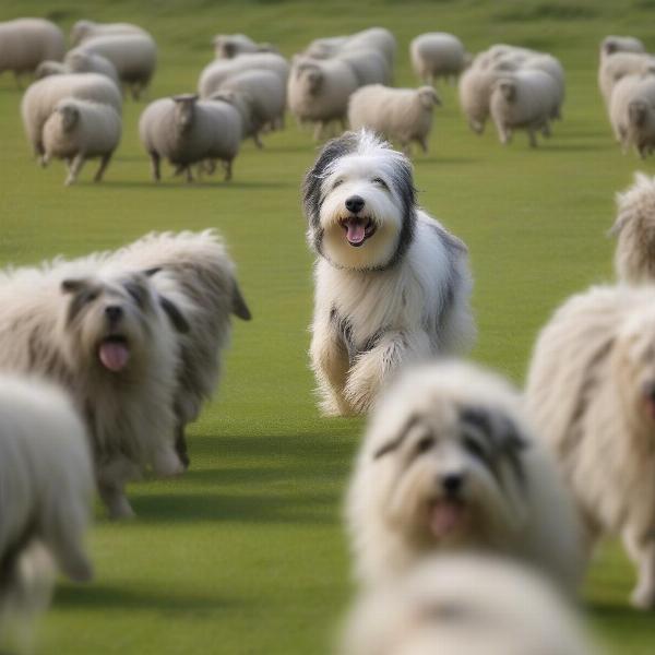 Polish Lowland Sheepdog herding sheep in a grassy field