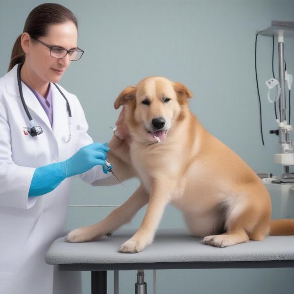 Veterinarian administering Polyflex injection to a dog