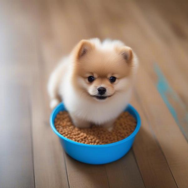 Pomeranian puppy enjoying its meal