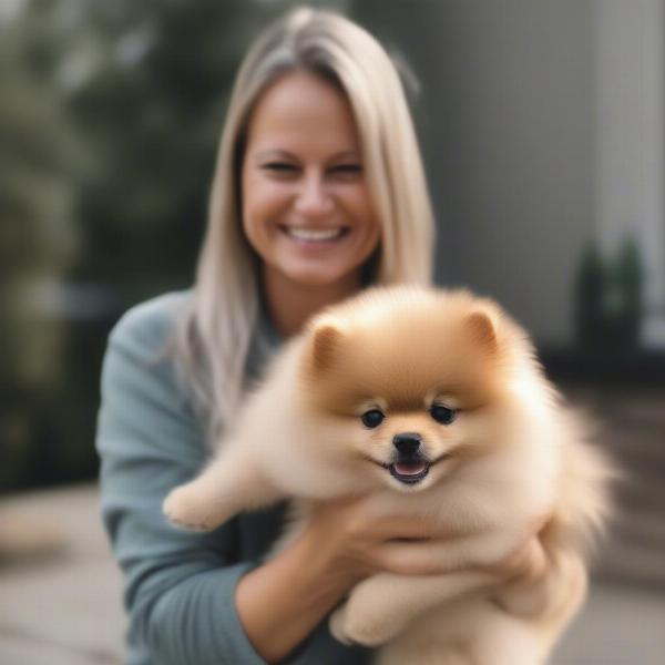 Pomeranian puppy being held by a breeder