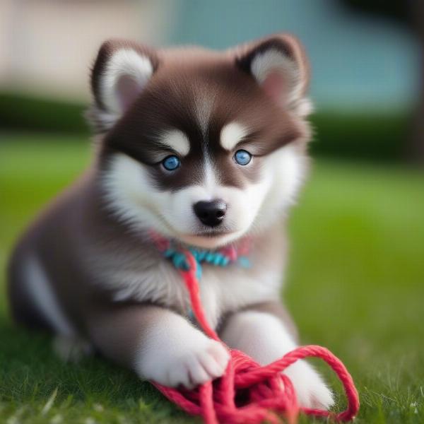 Pomsky puppy playing with a toy