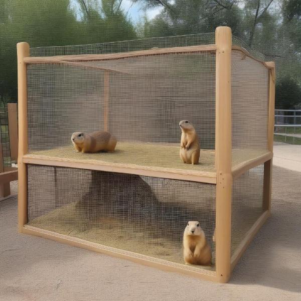 Prairie dog enclosure setup with multiple levels, tunnels, and enrichment items.