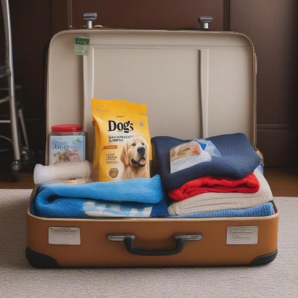 Packing essentials for a dog's hotel stay: food, leash, toys, and medication.