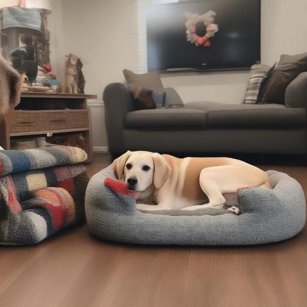 A person setting up a dog bed and toys in their living room in preparation for bringing home a rescued dog in Omaha