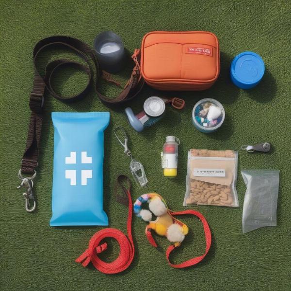 Dog park essentials laid out on a blanket