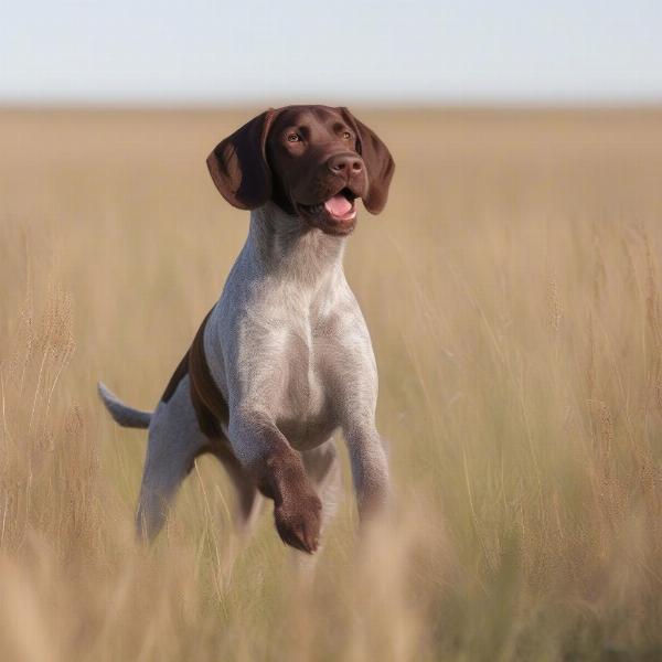 Pudelpointer hunting in a field