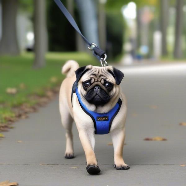 Pug wearing no-pull harness and walking on leash