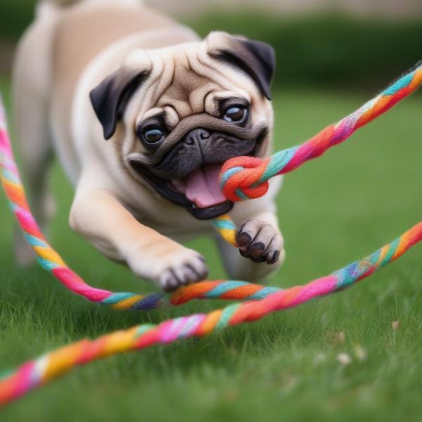 Pug happily chewing on a durable rope toy