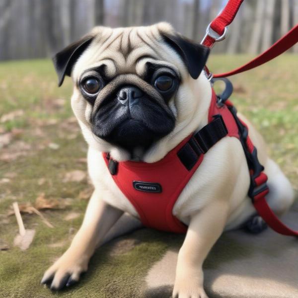 Pug wearing a harness