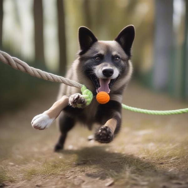 Dog playing with a raccoon dog toy