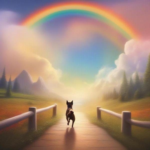 Dog running across the Rainbow Bridge towards its owner