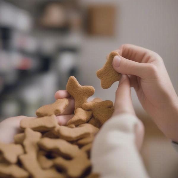 A person carefully examining the ingredients list on a bag of dog treats