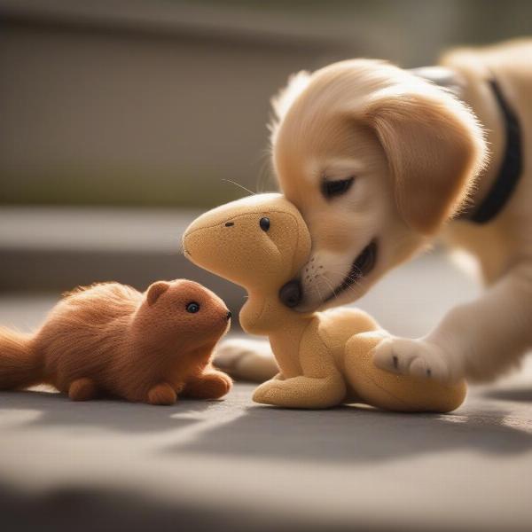 Dog Playing with a Plush Squirrel Toy